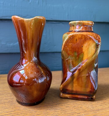 Vintage Bennington Rockingham Pottery Vase & Flask Mottled Brown Glaze