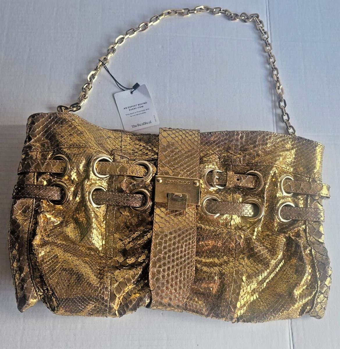 Authentic Jimmy Choo Gold Python Oversize Ramona … - image 1