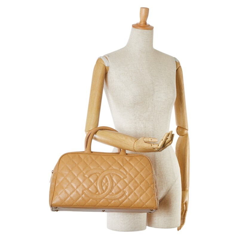 CHANEL Matelasse Coco Mark Bowling Bag Handbag Beige Caviar