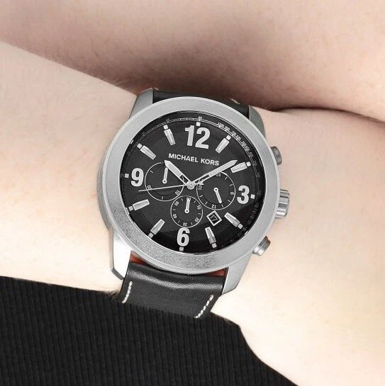 Nuevo Reloj Oversize Michael Kors De Cuero Negro Y Plata Cronógrafo XL MK8249 - Imagen 1 de 1