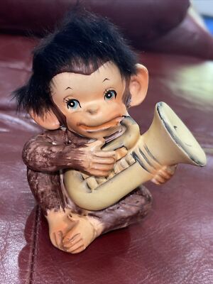 Vtg Ceramic Monkey with Saxophone Fuzzy Hair Japan BP Exclusive Kitschy