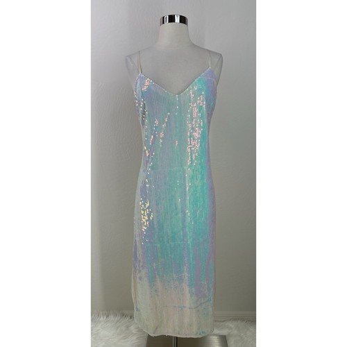Staud Iridescent Adjustable Straps Full Sequin Midi Dress Side Slits Size L