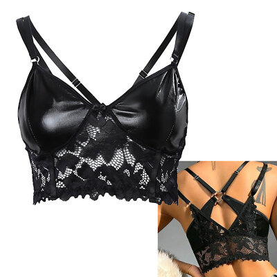 Damen Camisole Einstellbare Riemen Weste Bustier Crop Top PU Leder Cami Eng BH