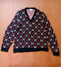 Authentic GUCCI GG LOGO Diamond/Argyle Print WOOL Knit CARDIGAN Sweater XL