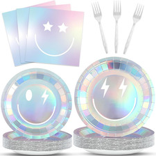 96Pcs Iridescent Party Supplies Smile Face Paper Plates Napkins Holographic Foil