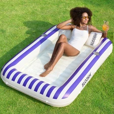Inflatable Tanning Pool Lounger 70”x46” Pillow 2 Cup Holders, 4-in-1 Sunbed Raft