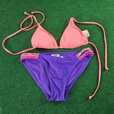 Old Navy Coral Pink Triangle Bikini Top Purple Braided Trim Bottom Set S