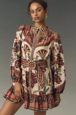 Farm Rio Puff Sleeve Riad Dress Sz M Anthropologie Long Sleeve Foliage Belt NEW