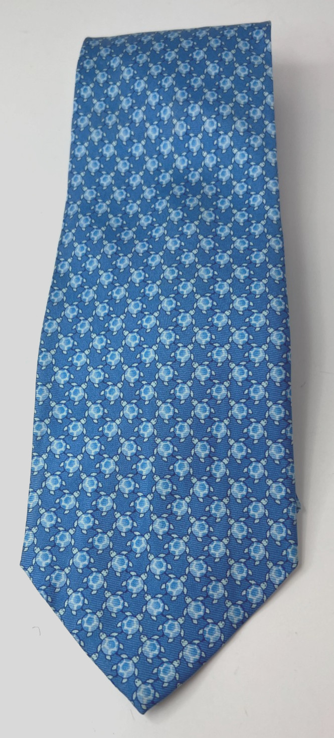 J. CREW Men's Blue Silk Neck Tie with Blue Sea Turtle Pattern MADE IN USA