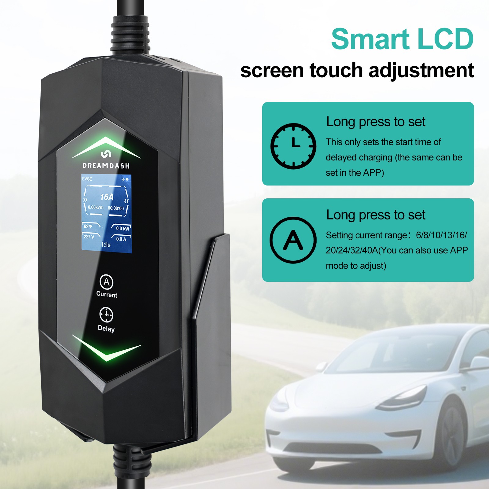 9.6kw Level 2 EV Charger 40 Amp - Smart Display,  25ft Cable Outdoor，with app