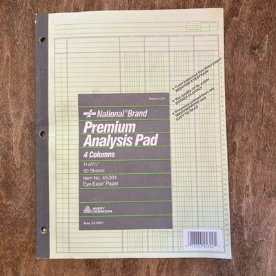 National Brand Analysis Pad 45-304 Yellow 37 Sheets 4 Columns 11''x 8 1/2