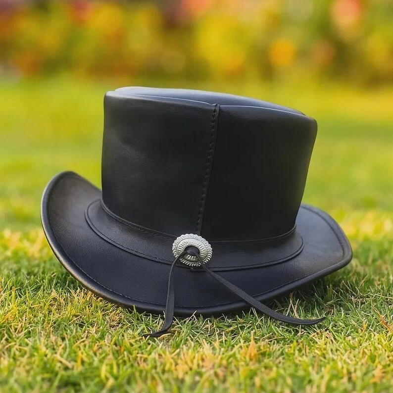Handmade Gothic Skull Top Hat: Black Faux Leather Steampunk Cosplay - Image 2 of 4