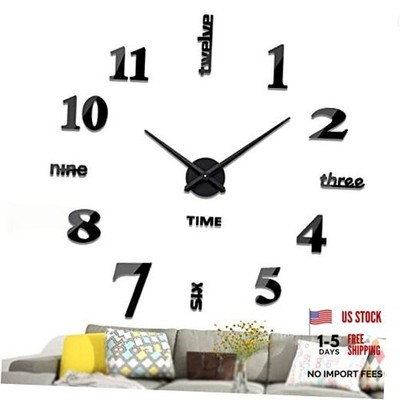 Large DIY Wall Clock Modern 3D Wall Clock with Mirror Numbers Stickers Black
