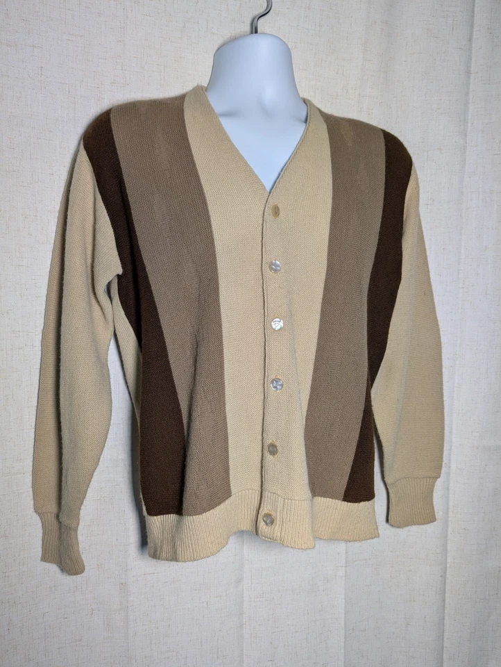 Cárdigan Vintage Jack Nicklaus por Revere Mazet 100% Orlon Acrílico M Rayas Marrón Foto 4 de 4