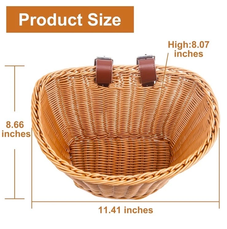 Cesta de bicicleta de plástico marrom claro tecida com alças de couro ajustáveis - Nova - Imagem 2 de 4