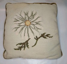Vintage MCM Needlepoint Daisy Flower & Greenery Velvet Backing Decorative Pillow