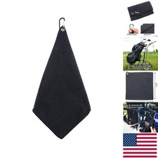 Lightweight Black Golf Towel with Carabiner   Absorbent Microfiber Waffle Design