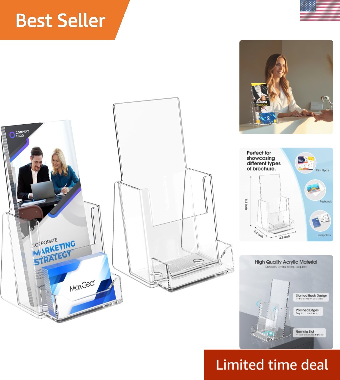 Elegant Acrylic Brochure Holder & Business Card Display, 4x9 Inch, 2 Pack