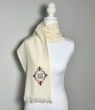 Vintage Embroidered Silk Scarf Fringe Boho Cottagecore Folk Art Cream Minimalist
