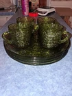 Vintage 60s Anchor Hocking Soreno Avocado Green Glass Snack Set 4 Plates & Cups