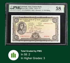 IRELAND EIRE 5 POUND 1945-51 P58b1 PMG 58 AU ABOUT UNC 1950 LADY LAVERY EARLY YR