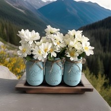 Set of 3 chalk painted distressed mason jar vases w/faux flowers included