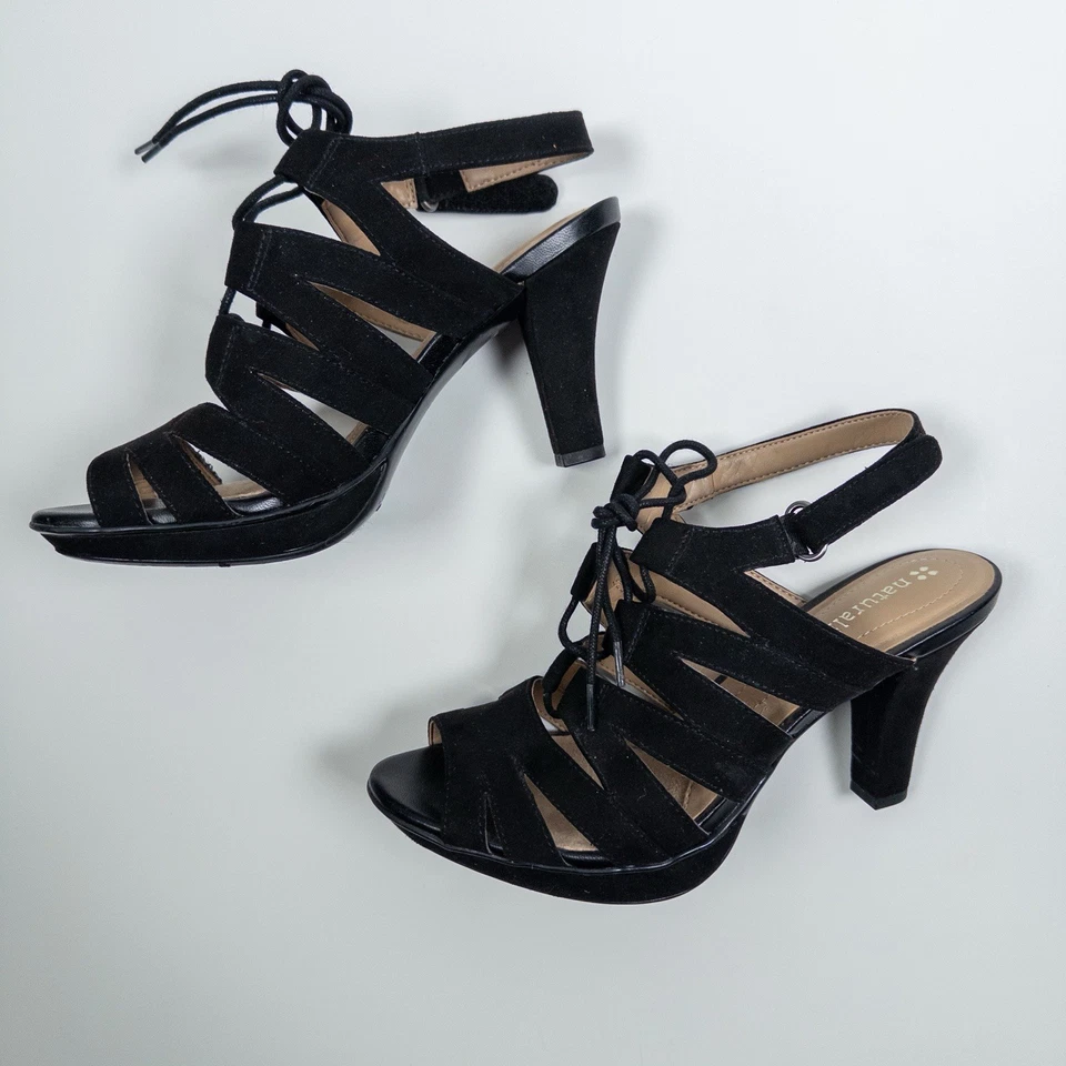 Naturalizer Women’s Black Suede Lace Up Heels Size 6.5M Strappy Platform Sandals - Image 4 of 4