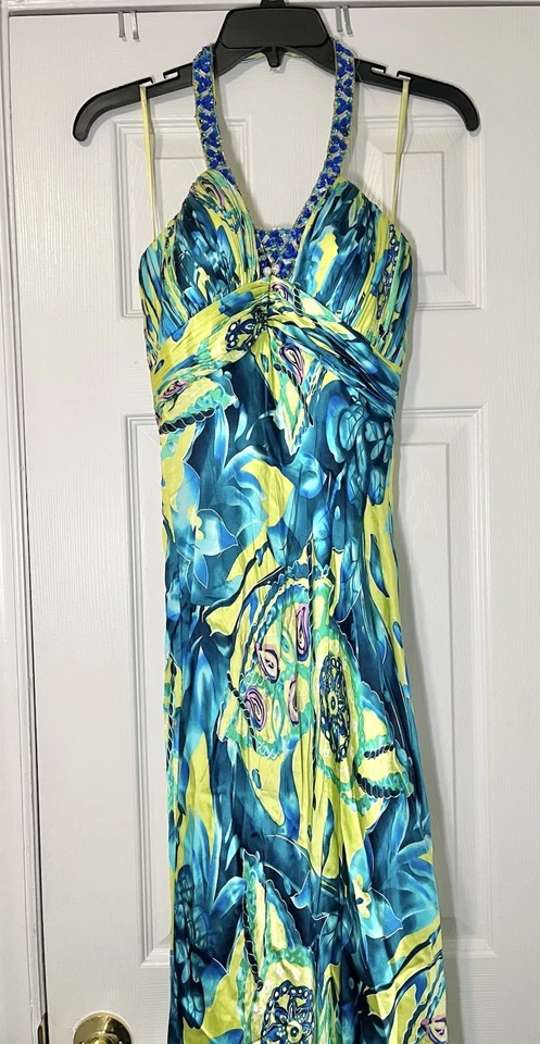 Y2K Fairy Mermaid Dress Womens 6 Blue Halter Beaded Whimsical Prom Colorful Silk - Image 3 of 4