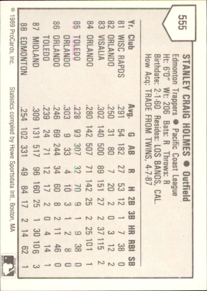 Stan Holmes 1989 ProCards Minor League T/S #555 RC Edmonton Trappers ** - Image 2 of 2