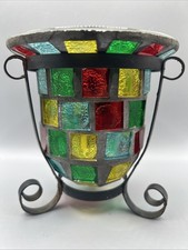 Mosaic Glass Multicolor Tealight Candle Holder w Black Metal Stand 5 T x 5 D