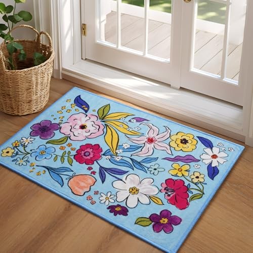 Washable Blue Boho Floral Area Rug 2x3 Feet for Entryway or Kitchen