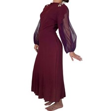 Vintage 1940s Maroon Silk Crepe Gown Purple Mesh Zigzag Sleeve Rhinestone 40s