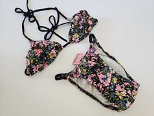 Vintage NEW 80s 90s Blue Pacific Floral Bikini Set Medium M Made InUSA Deadstock