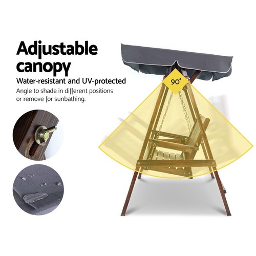 Gardeon Outdoor Wooden Swing Chair Garden Bench Canopy Cushion 2 Seater Charcoal - Picture 5 of 7