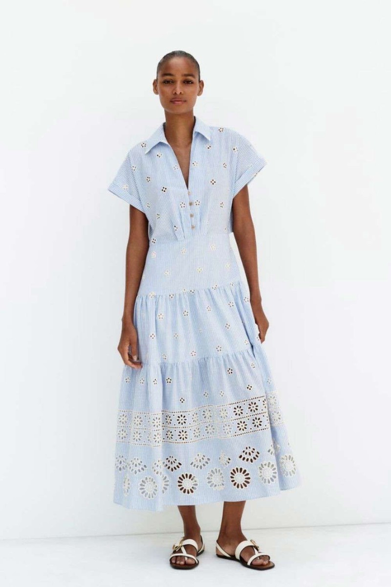 ZARA BLUE WHITE COTTON STRIPED CUTWORK EMBROIDERY COLLARED MIDI DRESS SIZE  XS | eBay
