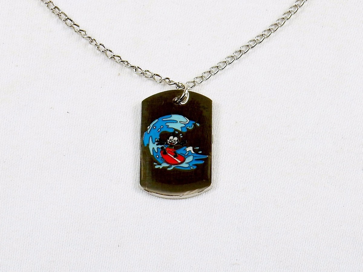 Felix The Cat Necklace w/Silver Tone Dog Tag Pendant ~ “Felix