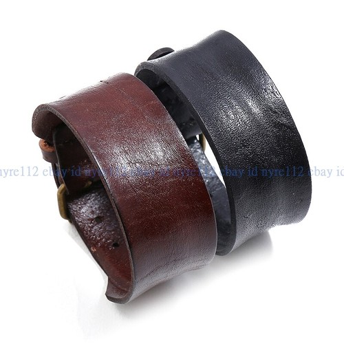 Men's Punk Wide Genuine Leather Belt Wristband Bangle Cuff Bracelet Adjustable - Picture 2 of 16