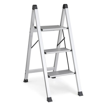 Small Step Ladder, Lightweight Aluminum 3 Step Stool for Adults, Wide Anti-Sl...