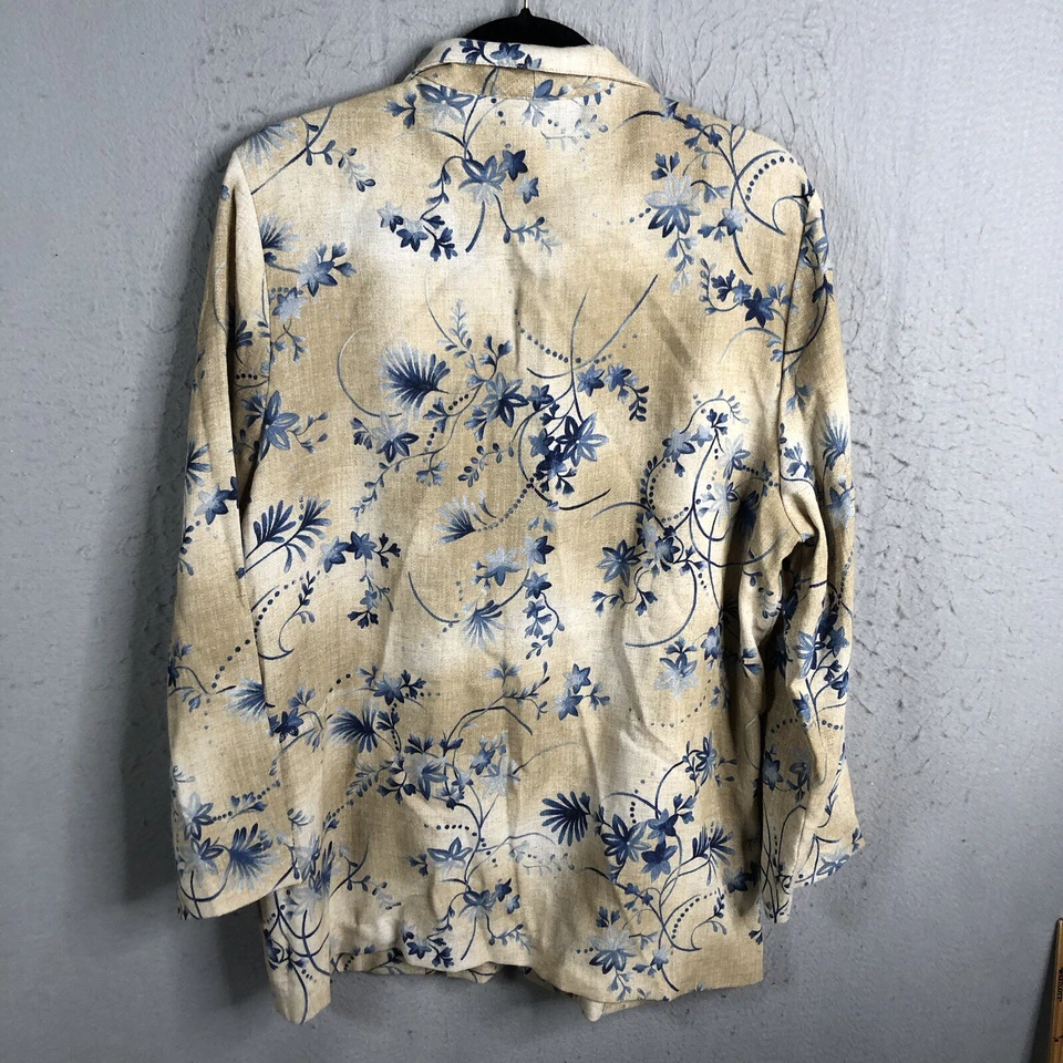 Blazer Briggs Vintage Mujer 16 Azul Tostado Floral Mezcla Lino Granny Core Artístico Foto 3 de 4