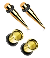 Pair 1g 7mm Gold Tapers and Single Flare Ear Stretching Kit Tunnels Gauges