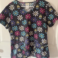 Women's Scrubs Top - Minions Reverse Print V Neck With Pockets - Size Small