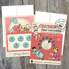 2 RETRO SEWING BUTTON & SNAP FASTENER BLANK GIFT NOTE GREETING CARDS #C26