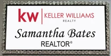 KELLER WILLIAMS REALTY WHITE BLING CRYSTAL PERSONALIZED NAME BADGE W/ MAGNET