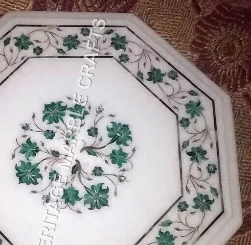 12" White Marble Console Coffee Table Top Malachite Inlay Floral Art Decor E1137 - Image 4 of 4