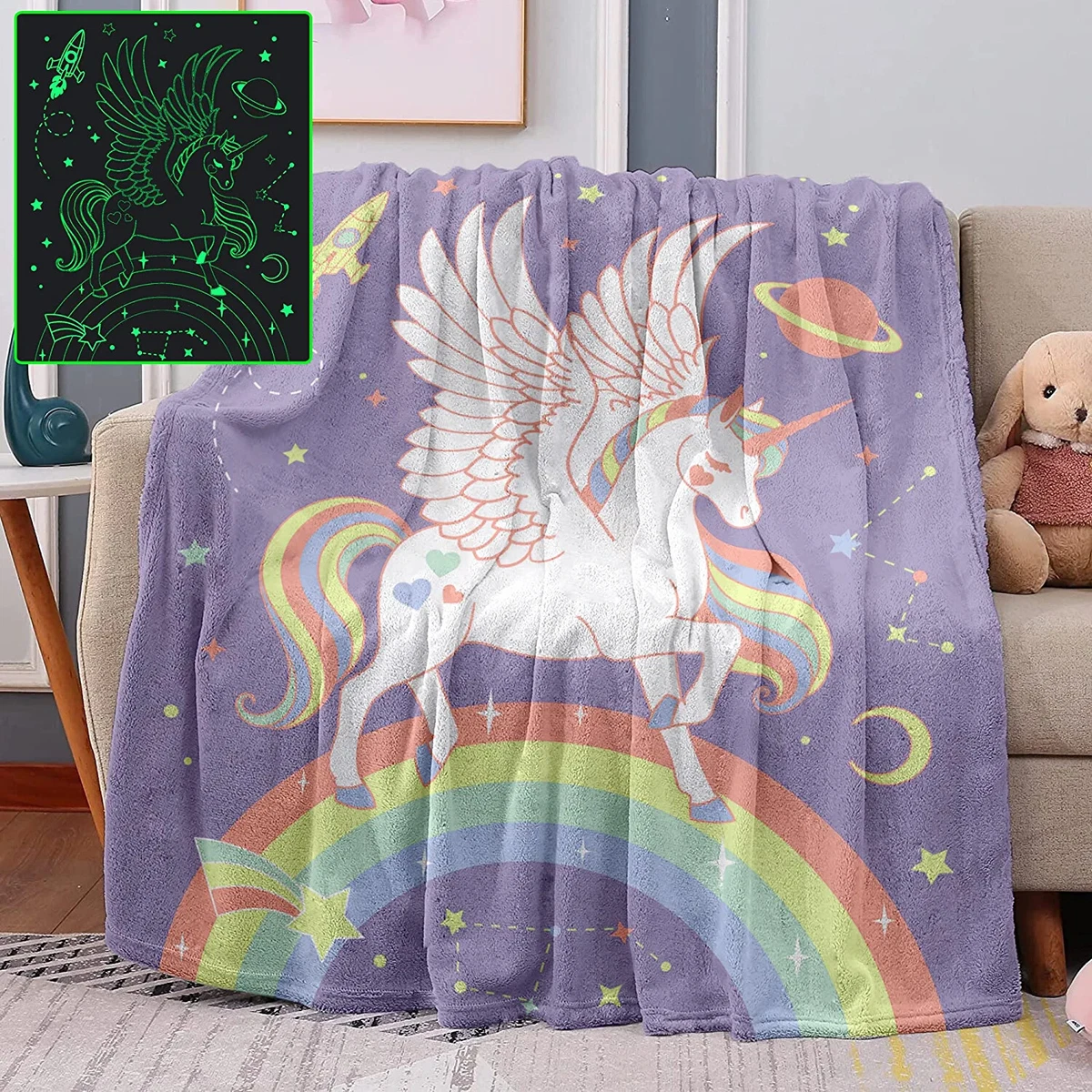 Big Unicorn Glow in The Dark Blanket for Kids - Rainbow Blankets for Girls