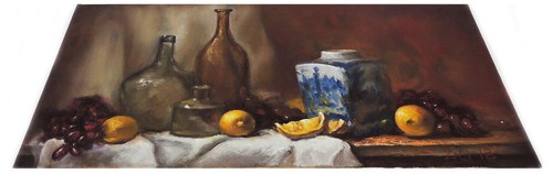 Original Oil Painting Still Life Realism Blue White Pot w Fruits 8 x16" by Z. Li - Picture 4 of 4