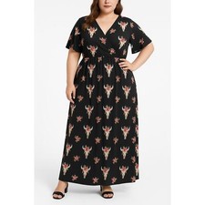 MISSLOOK Dress Womens 2XL Black Maxi Floral Skull Print Short Sleeve VNeck Boho