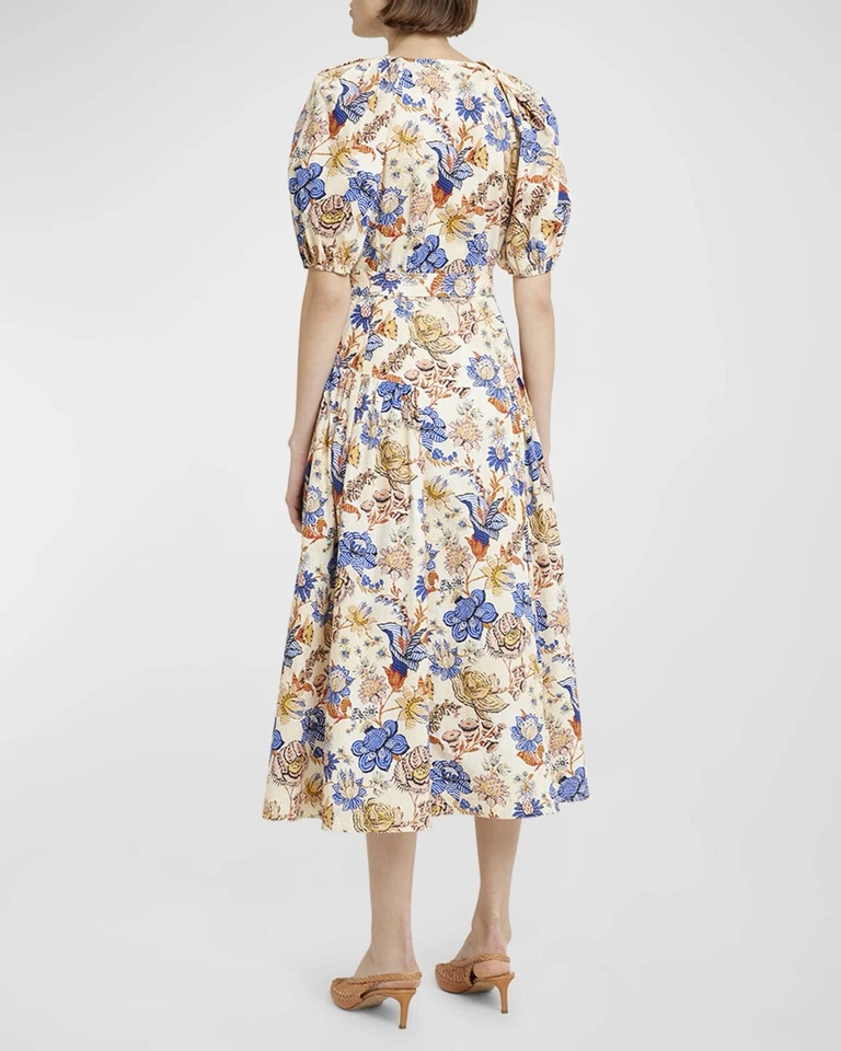 ULLA JOHNSON Carina Floral Cotton Tie-Waist Midi-Dress Size 8 Orig. $490 NEW - Image 3 of 4