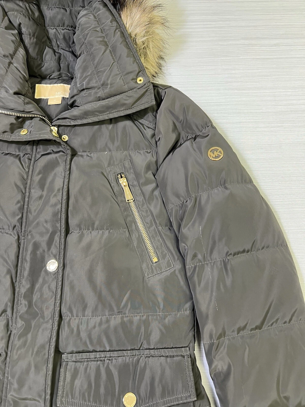 Parka donna Michael Kors piumino pelliccia sintetica cappuccio puffer trapuntato cappotto cintura taglia XS