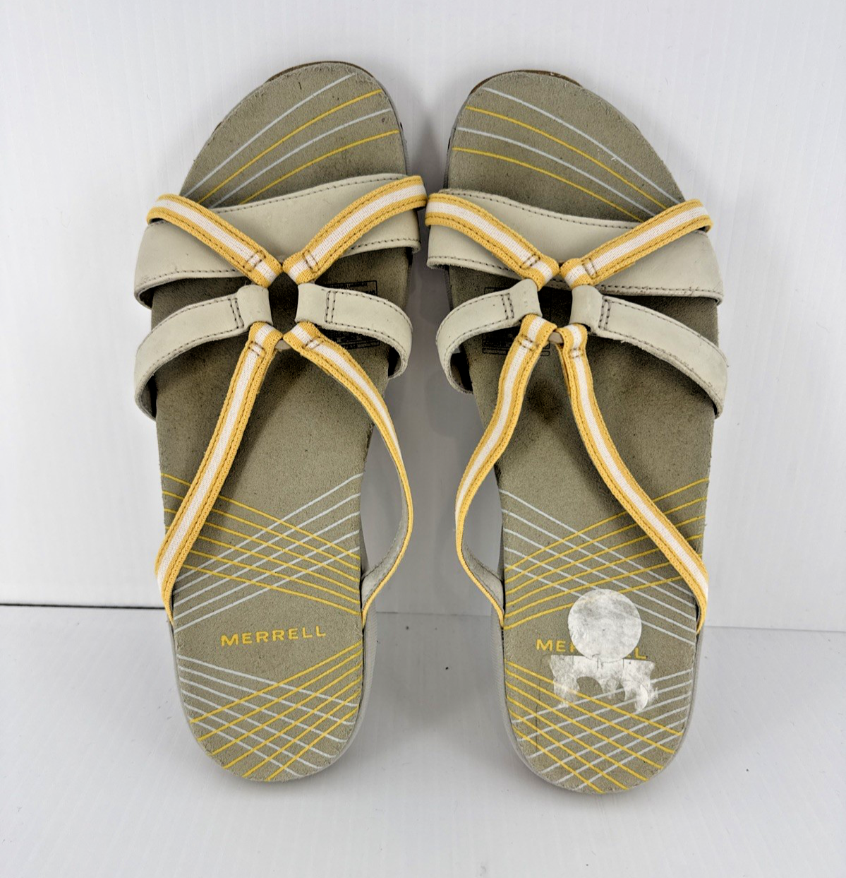 Merrell Camellia sandali donna slide taglia 6 pelle gialla J35594 fodera argento